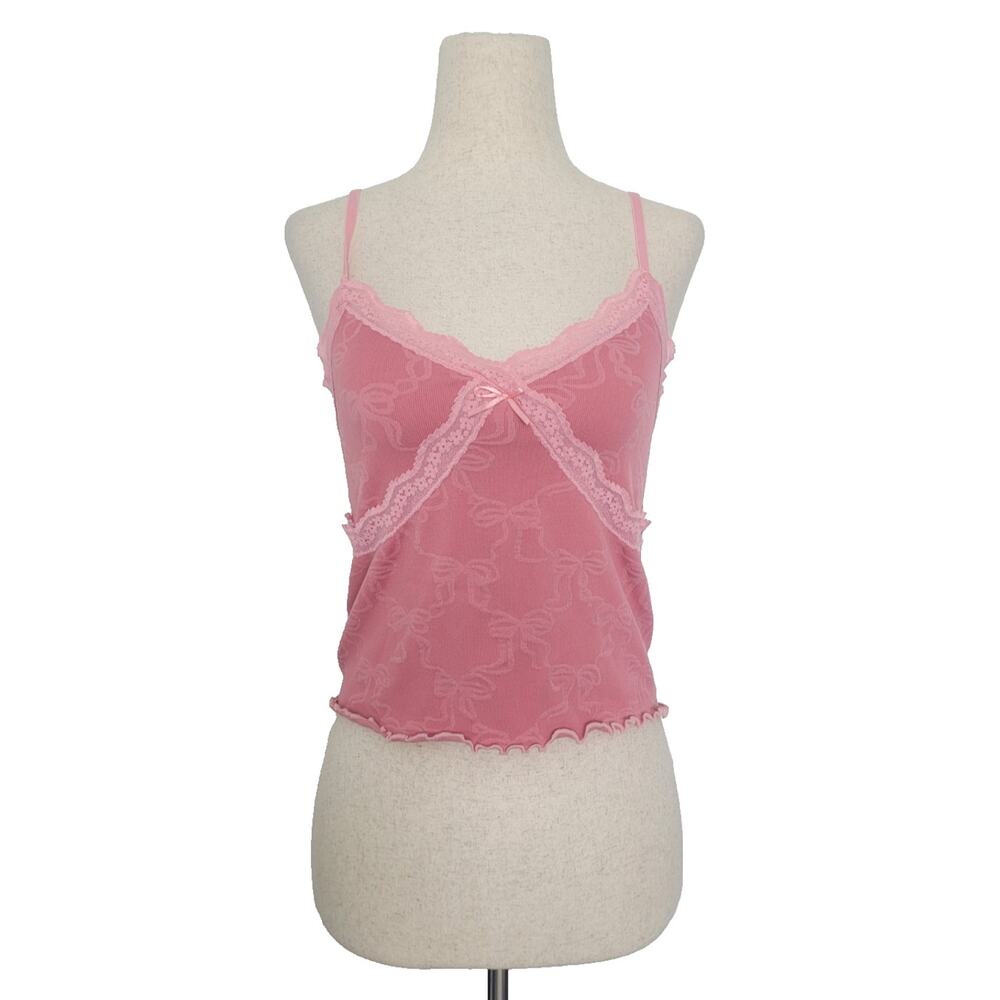 Y2k Babydoll Lace Trim Bow Print Cami Top Size S Pink Coquette Dainty Romantic